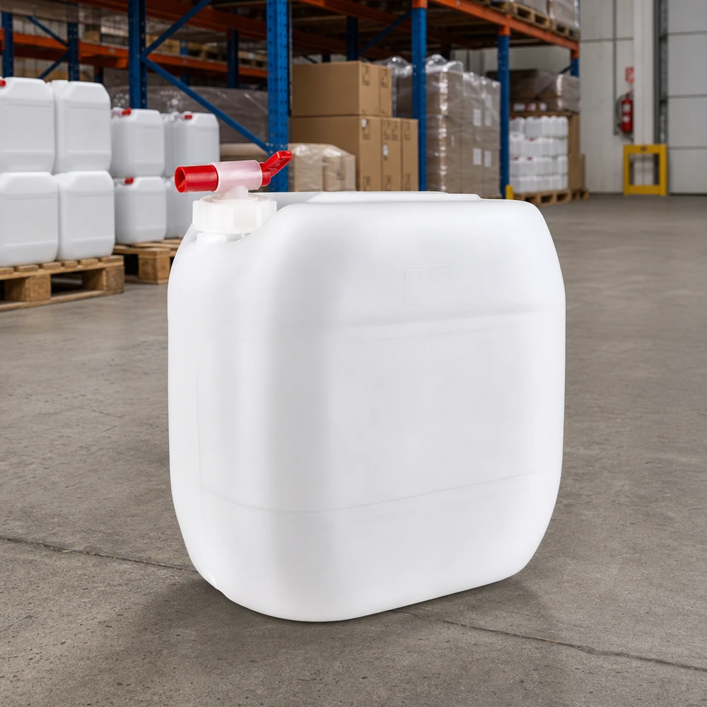 Jerrican de 30 litres avec robinet Bidon robuste de 30 litres muni d'un robinet de vidange rouge, entreposé dans un grand entrepôt sur un sol en béton