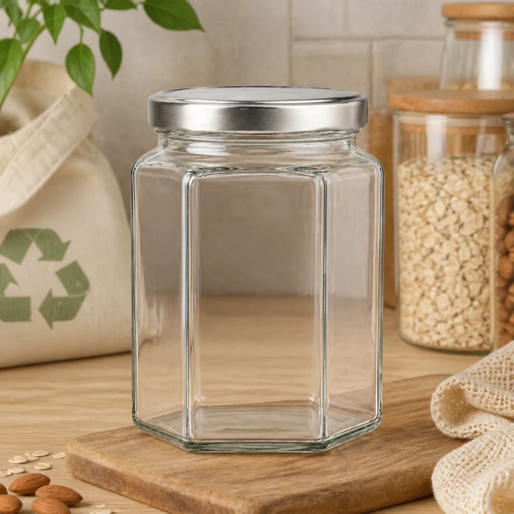 288ml Verre hexagonal avec couvercle BasicSeal argent UNiTWIST Pot de conservation hexagonal de 288ml avec couvercle argenté sur planche en bois dans la cuisine durable zéro déchet avec bocaux à provisions