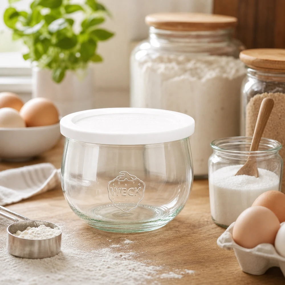 580ml bocal tulipe avec couvercle fraîcheur WECK RR100 WECK Pot tulipe 580ml RR100 vide avec couvercle fraîcheur dans la boulangerie entouré de farine d'œufs et d'ingrédients de cuisson