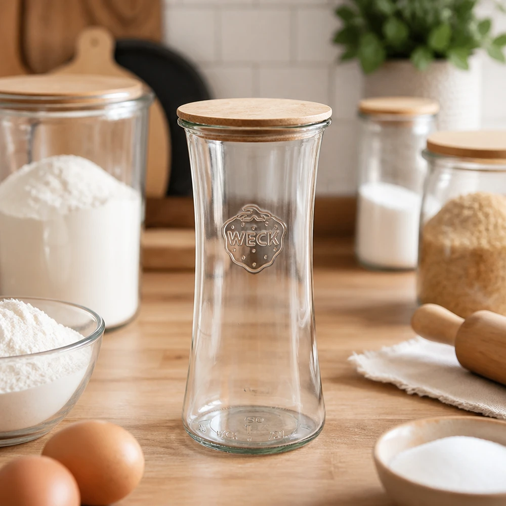WECK Pot à délicatesse 700ml RR80 vide avec couvercle en bambou dans la cuisine entouré d'ingrédients de boulangerie farine oeufs boîtes à provisions