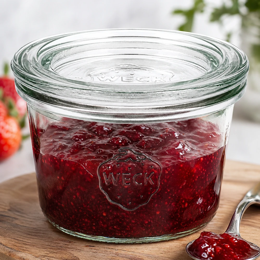 WECK Pot renversé 80ml RR60 rempli de confiture de fraise rouge montre une utilisation pratique pour la mise en conserve de confitures