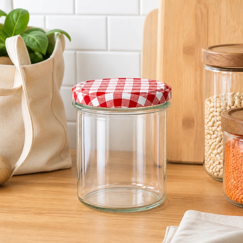 350ml Verre conique avec couvercle BasicSeal rouge/blanc UNiTWIST 350ml Sturzglas mit rot-weiß kariertem Deckel in moderner Küche, ideal zur stilvollen Aufbewahrung von Lebensmitteln