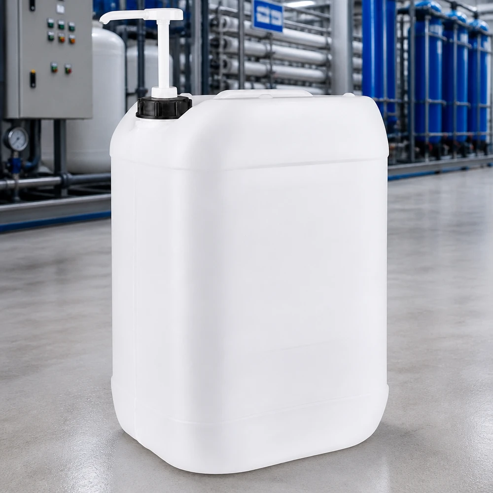 Bidon de 25 litres adapté au contact alimentaire, équipé d'un distributeur à pompe, installé en amont d'un système de traitement de l'eau