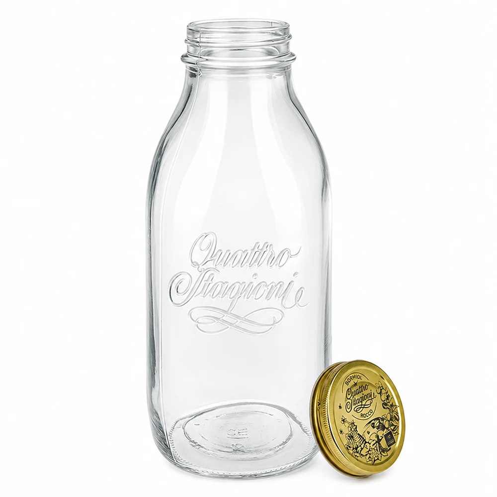 Bouteille en verre Quattro Stagioni 1000ml avec couvercle doré amovible, écriture en relief, design classique de bouteille de lait