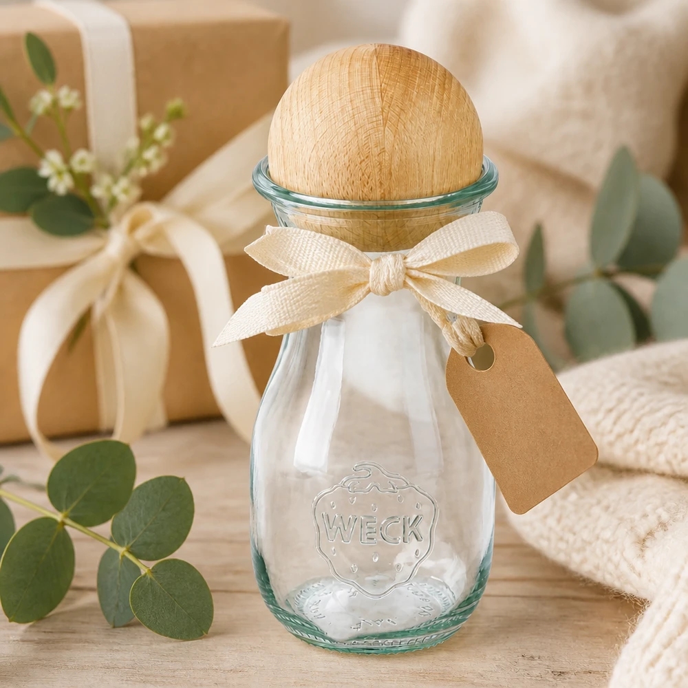 WECK Bouteille de jus 290ml RR60 emballée comme cadeau avec un ruban et un pendentif à côté de la décoration d'eucalyptus