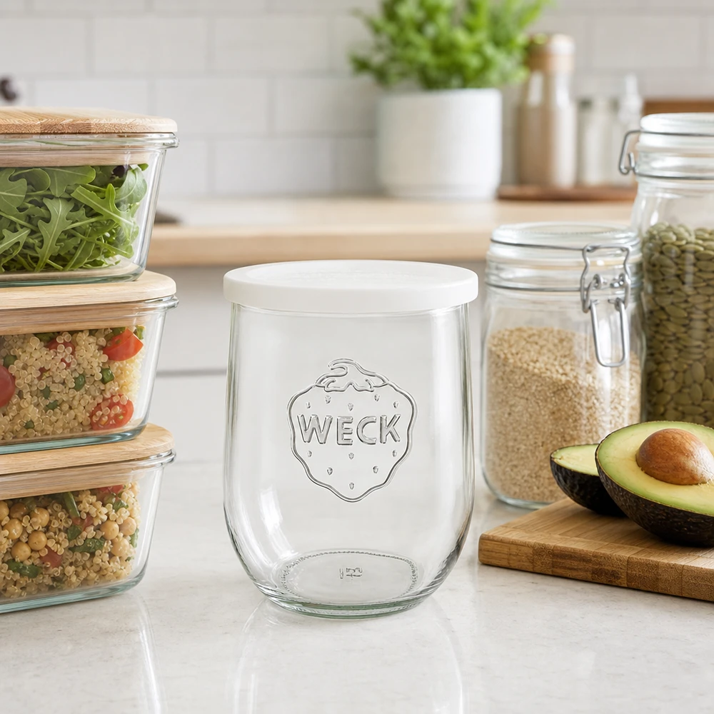 1062ml bocal tulipe avec couvercle fraîcheur WECK RR100 WECK Tulpenglas 1062ml RR100 auf Küchenarbeitsplatte zwischen Vorratsgläsern und Avocado als stilvolles Küchenzubehör
