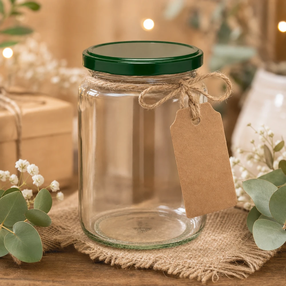 795ml UNiTWIST pot rond avec couvercle vert, pendentif en papier kraft et ficelle de jute - emballage cadeau rustique