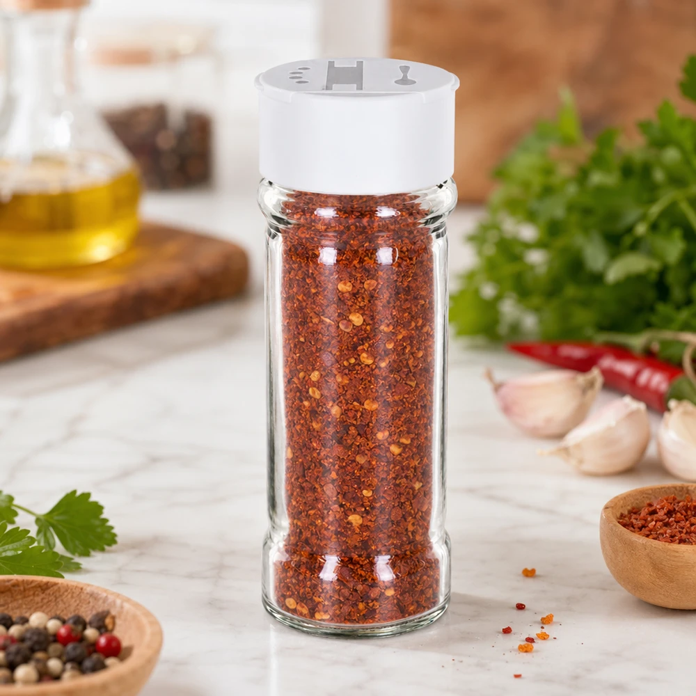 Pot à sel/épices 100 ml avec double saupoudreuse, blanc Pot à épices de 100 ml rempli de flocons de piment, muni d'un couvercle blanc à double saupoudreuse, posé sur un socle en marbre