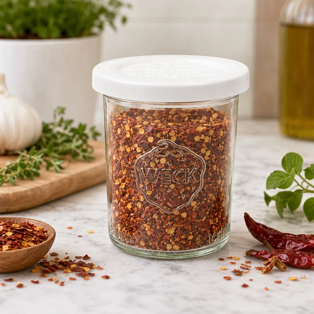 Bocal en verre de 160 ml avec couvercle hermétique WECK RR60 WECK 160ml Sturzglas RR60 mit Chili-Gewürzmischung gefüllt als Gewürzdose in moderner Küche mit Kräutern