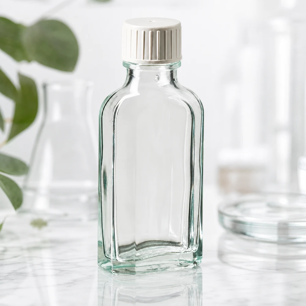 Flacon Meplat de 50 ml en verre transparent, muni d'un bouchon à vis blanc et d'un anneau verseur