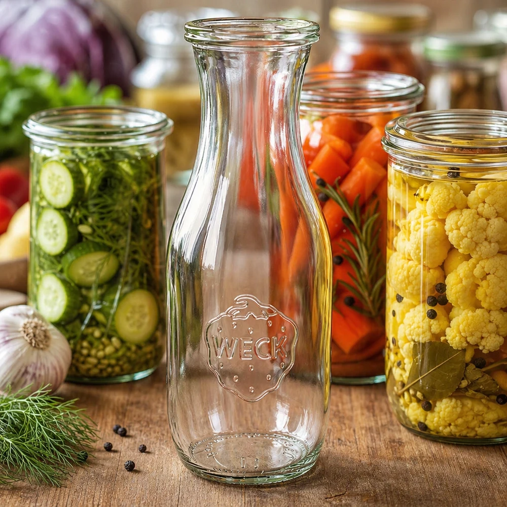 WECK Bouteille en verre 1062ml vide avec logo à côté de bocaux colorés avec légumes et épices sur table en bois