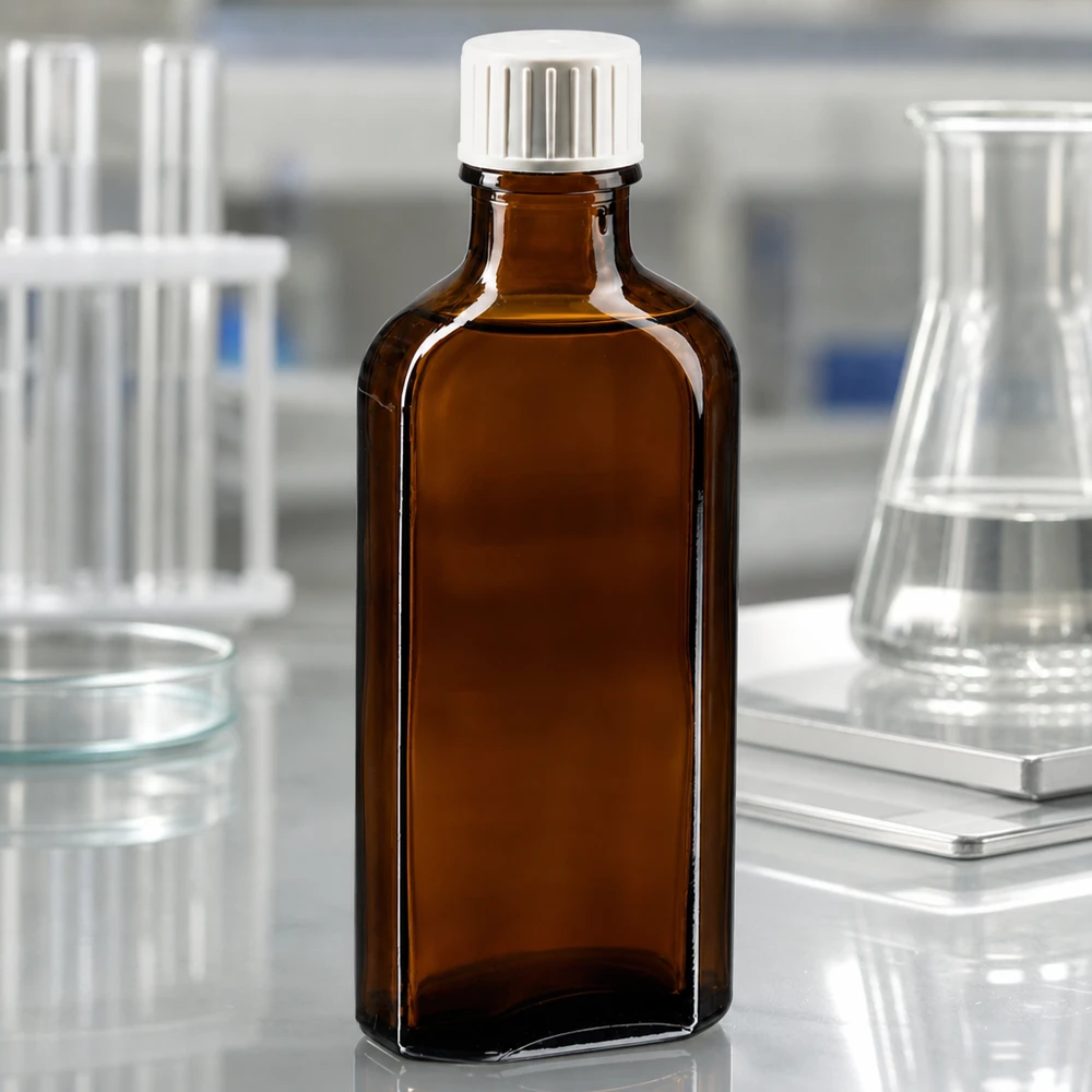 Flacon de pharmacie opaque de 100 ml, Meplat, marron, avec bouchon de sécurité enfant blanc et anneau verseur