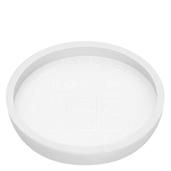 Couvercle en silicone blanc UNiTWIST pour bocaux WECK RR80 Face inférieure avec marquage du fabricant et désignation du produit