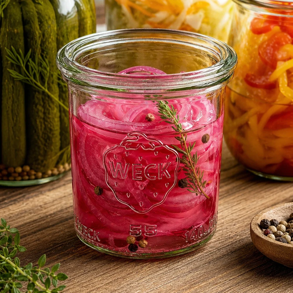Bocal en verre de 140 ml avec couvercle en verre WECK RR60 WECK Sturzglas 140ml RR60 mit eingelegten roten Zwiebeln Kräutern Pfefferkörnern neben anderen Einmachgläsern