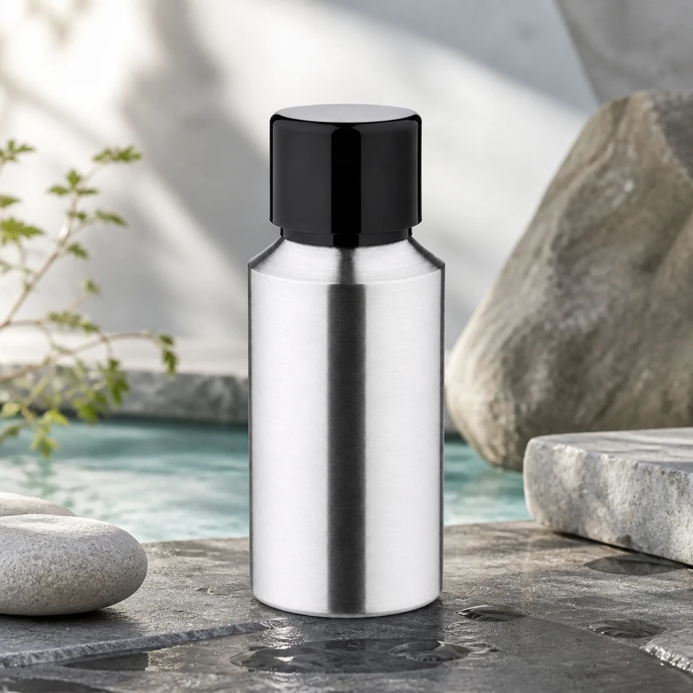 Bouteille en aluminium poncé 30 ml, avec bouchon à vis noir et joint conique Bouteille en aluminium rodé de 30 ml de haute qualité pour l'industrie cosmétique et le développement de produits
