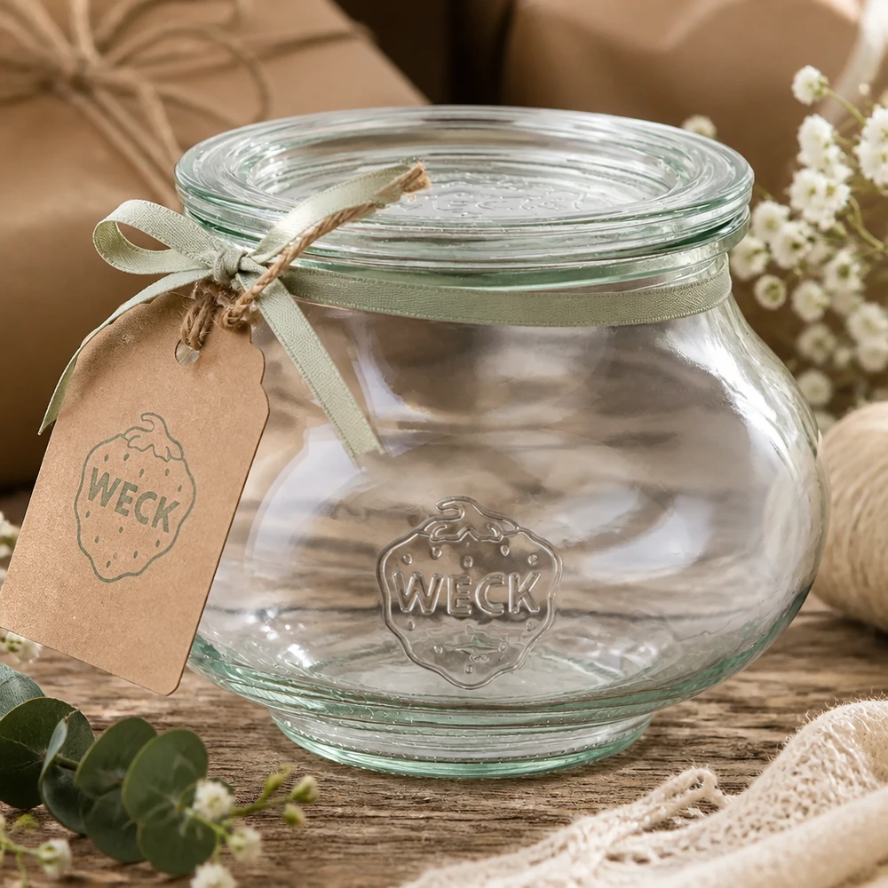 WECK Verre à bijoux 560ml avec ruban de satin vert et pendentif sur table en bois décorée de fleurs et de dentelle