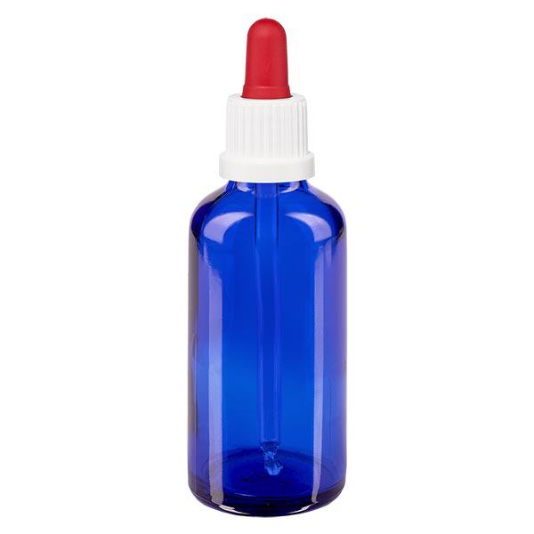 Flacon de pharmacie bleu 50ml Pipette blanc/rouge bouchon inviolabilité Flacon de pharmacie bleu 50ml Pipette blanc/rouge bouchon inviolabilité