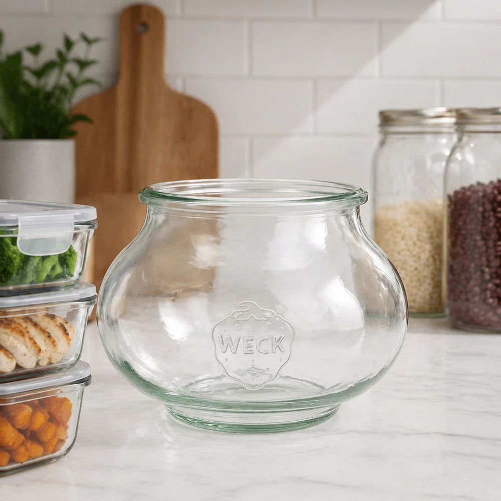 WECK Verre à bijoux 560ml RR80 dans une cuisine moderne entre les bocaux à provisions et les boîtes en verre sur un plan de travail blanc