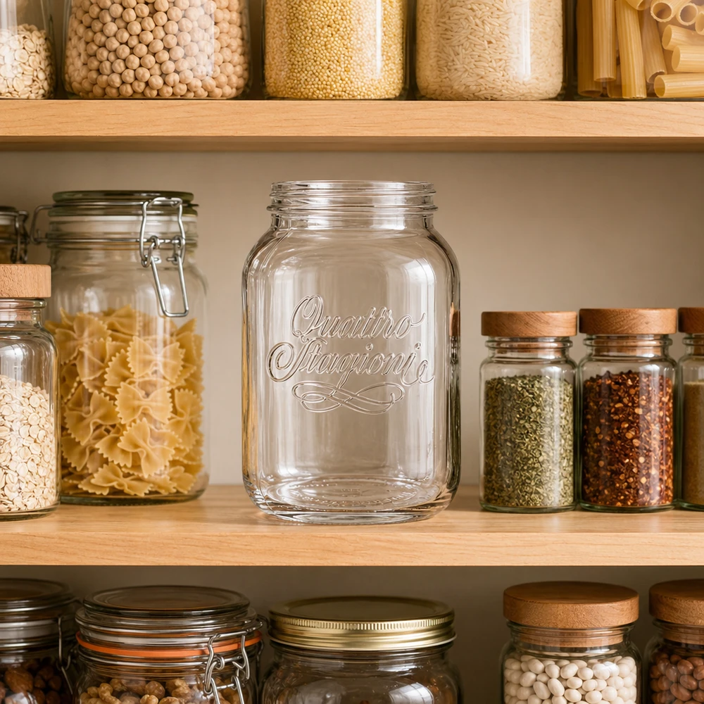 3000ml Quattro Stagioni Bocal ménager de stockage dans une cuisine organisée avec des épices pour pâtes et des légumineuses