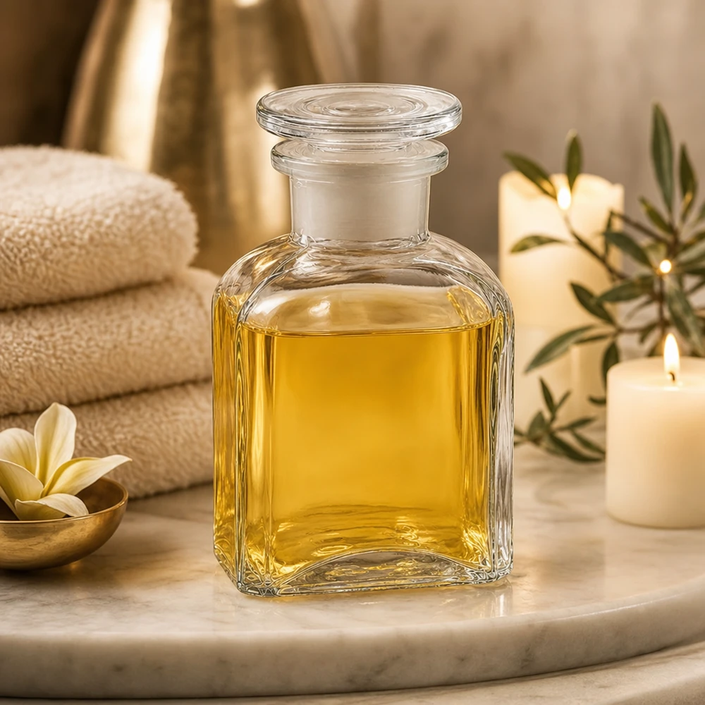 Flacon carré transparent de 150 ml à col large et bouchon en verre, destiné aux huiles de massage et à l'aromathérapie
