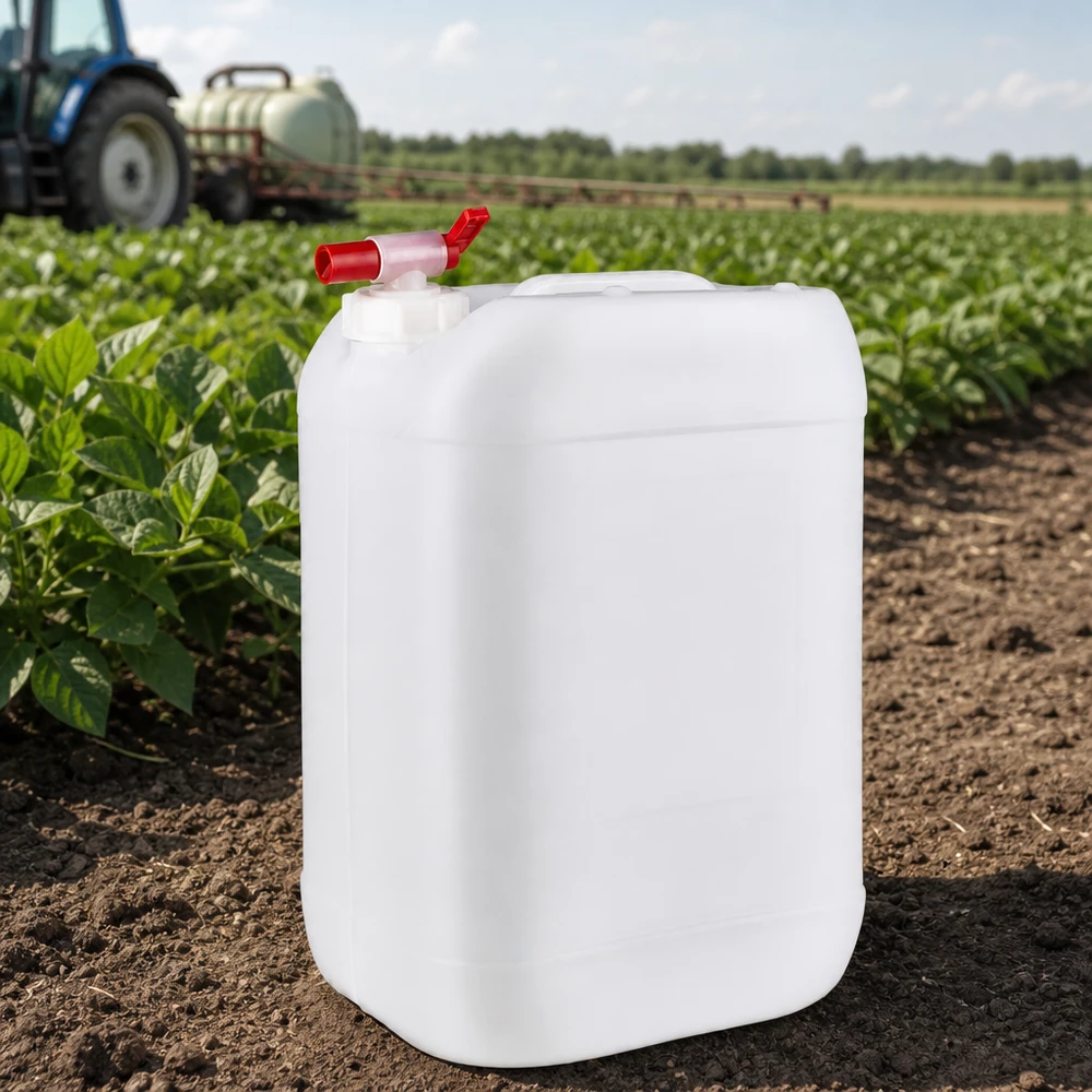 Jerrican de 25 litres avec robinet Bidon agricole de 25 litres muni d'un robinet de vidange, posé dans un champ à côté d'un tracteur équipé d'un pulvérisateur agricole