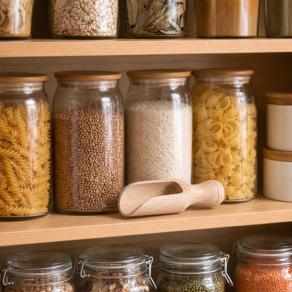 Pelle en bois taille S forme semi-circulaire - 75mm de long Pelle en bois 7,5cm dans étagère de stockage avec bocaux de riz, de pâtes et d'épices Accessoires de cuisine pratiques