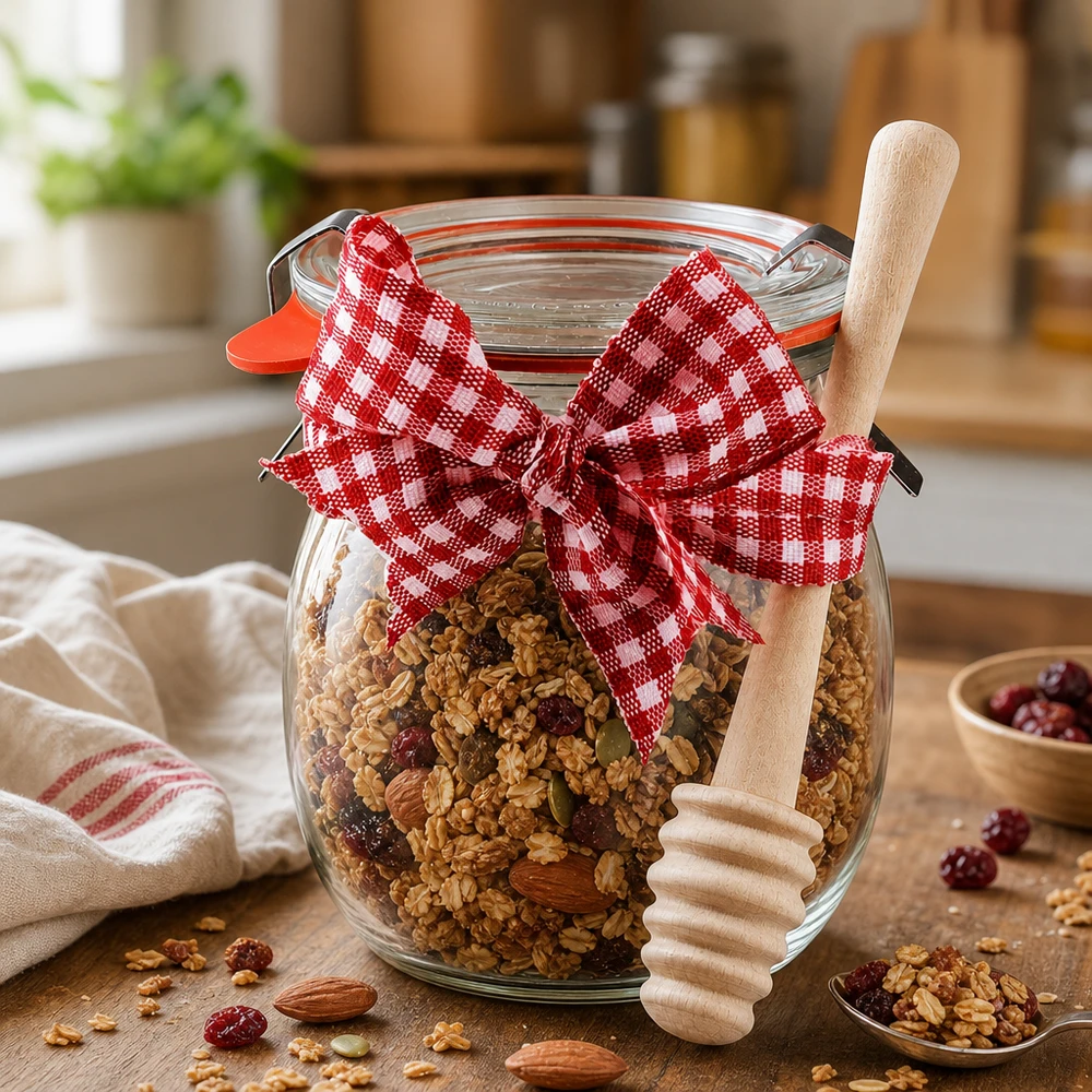 WECK Pot tulipe 220ml rempli de céréales et de noix, décoré d'un ruban à carreaux rouge et blanc et d'une cuillère à miel