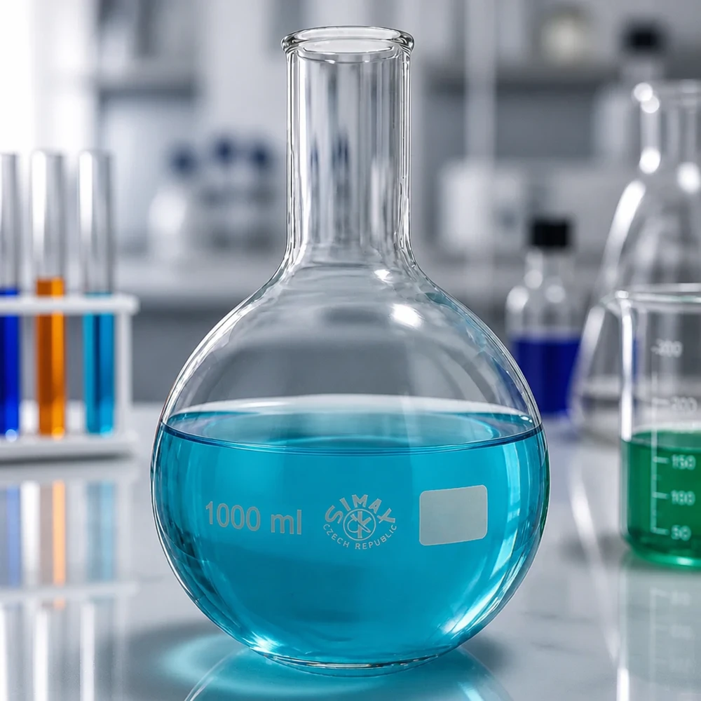 Ballon à fond plat 1000 ml à col étroit, en verre borosilicate avec bord renforcé Ballon rond de laboratoire de chimie 1000ml avec col étroit pour un stockage sûr des substances