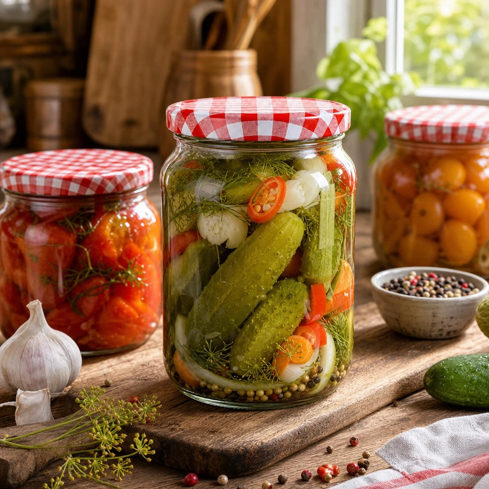 1062ml Verre rond avec couvercle BasicSeal rouge/blanc UNiTWIST Pot rond de 1062ml avec couvercle à carreaux rouges et blancs rempli de cornichons marinés et de légumes dans une cuisine rustique