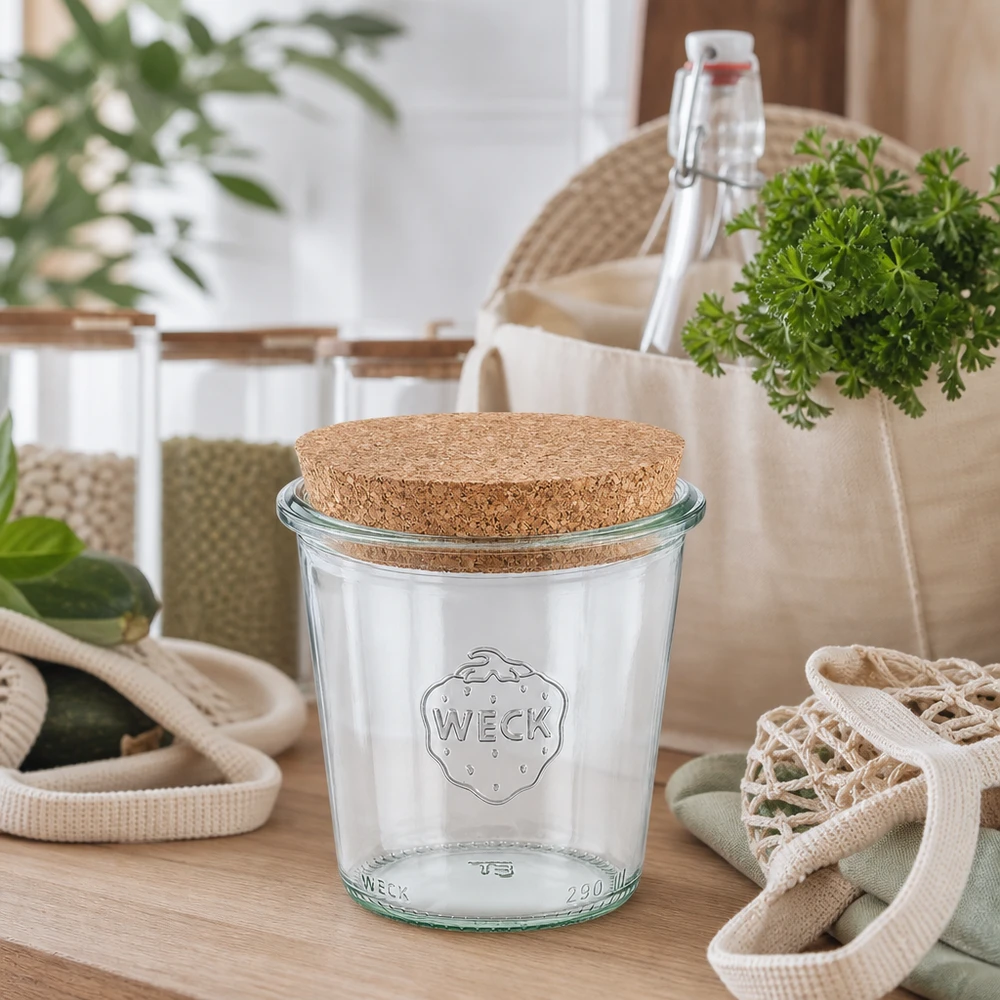 WECK Verre renversé 290ml RR80 avec bouchon en liège naturel dans la cuisine durable zéro déchet entre les bouteilles réutilisables et les sacs en tissu