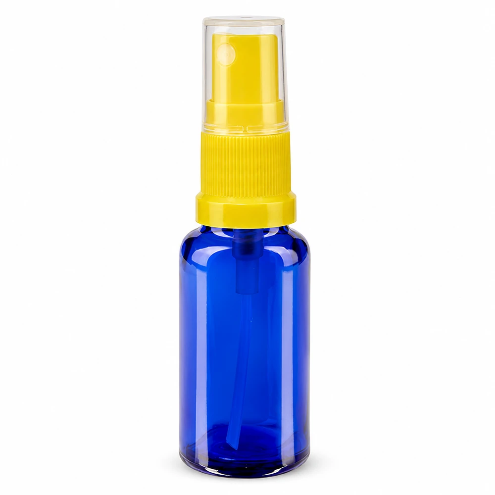 Flacon pulvérisateur en verre bleu de 20 ml avec vaporisateur jaune et bouchon de protection transparent ApoGlas STD