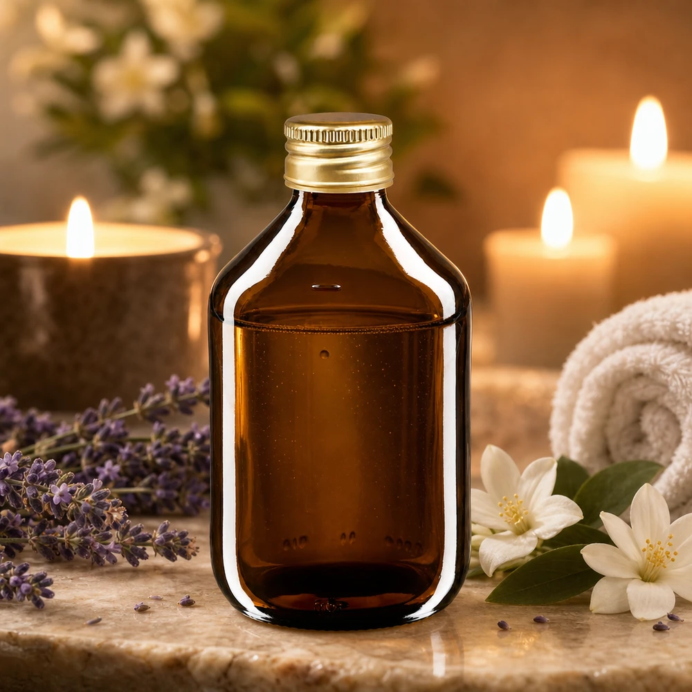 Bouteille médicale de 300ml brune avec bouchon en aluminium or Bouteille médicinale marron foncé de 300ml avec un bouchon élégant en aluminium, idéale pour l'aromathérapie