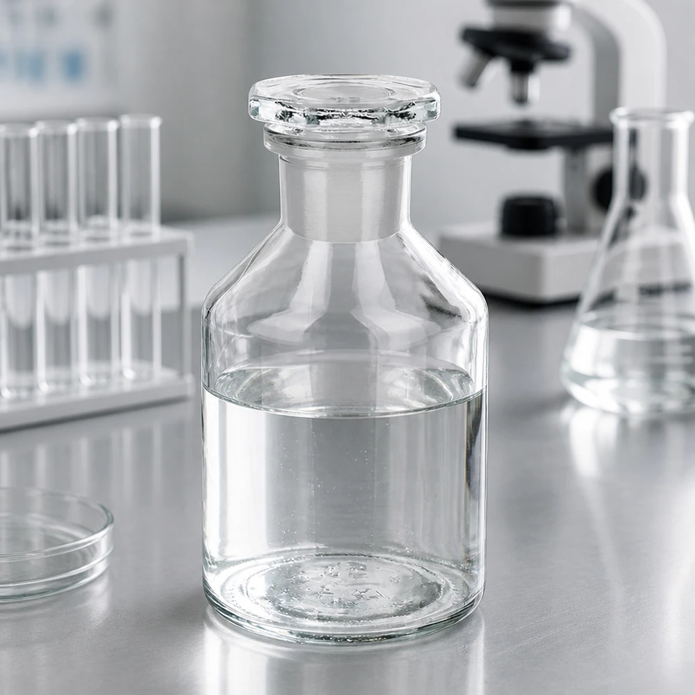 Flacon à col étroit et conique 50 ml en verre clair + bouchon de verre Petit flacon de laboratoire de 50 ml à col étroit et bouchon rodé, posé sur une table en acier inoxydable