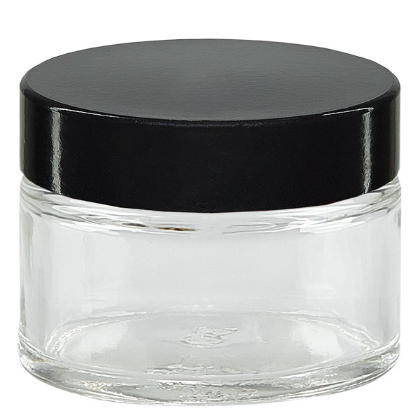 Pot en verre transparent de 15ml, avec noir. Couvercle en bakélite Pot en verre transparent de 15ml, avec noir. Couvercle en bakélite
