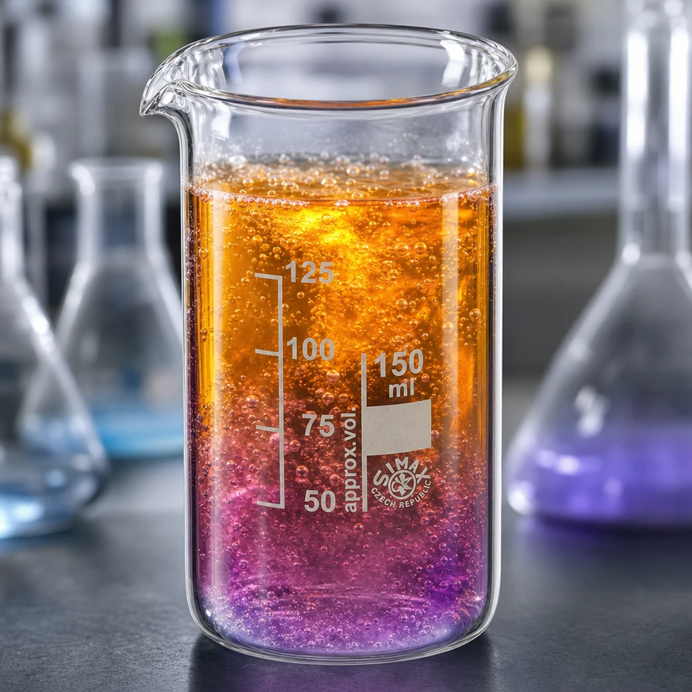 Bécher 150ml en verre borosilicate résistant à la chaleur (forme haute) Bécher de 150 ml, de forme haute, contenant un liquide de réaction orange et violet, dans un laboratoire