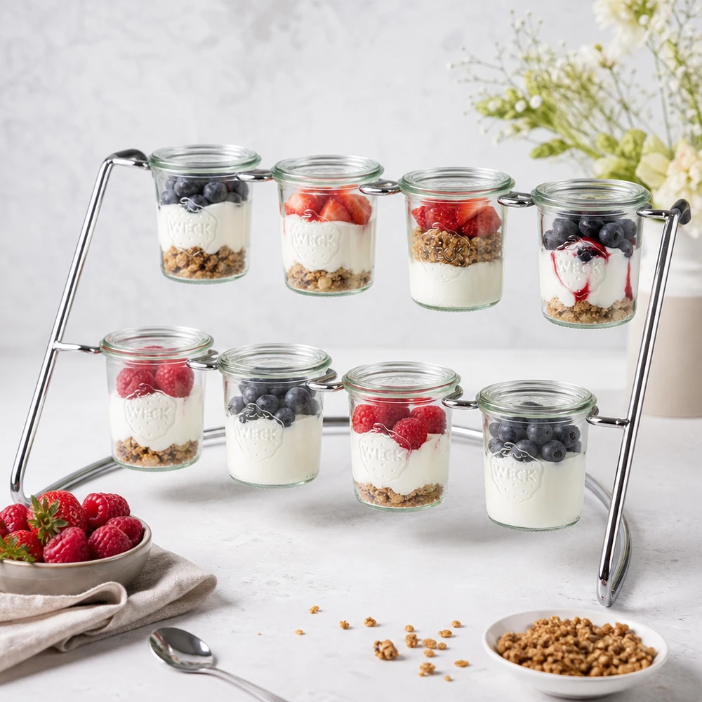 Support de service Flato8 avec yaourt parfait et baies dans des verres WECK comme buffet de desserts sur un plateau en marbre blanc