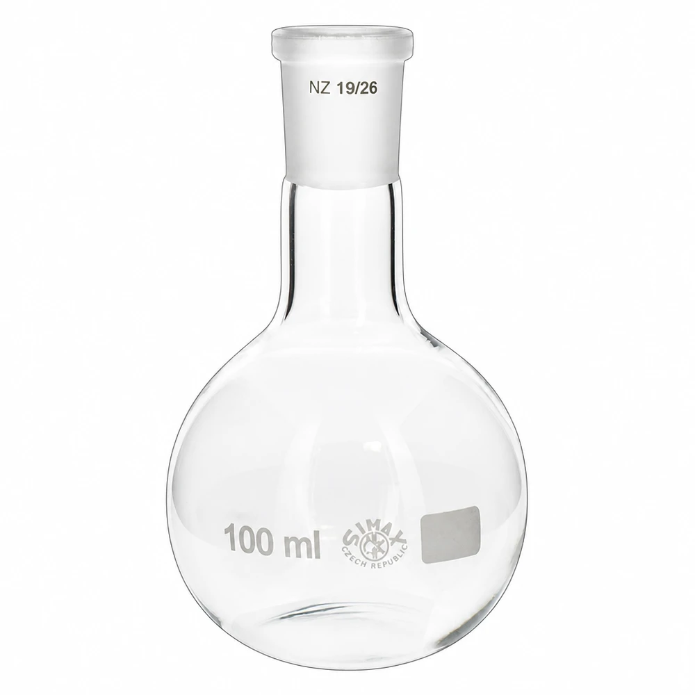Ballon à fond plat 100 ml à col étroit, en verre borosilicate avec rodage normalisé 19/26 Ballon en verre 100ml avec rodage NS 19/26 clair comme du cristal pour les applications professionnelles en laboratoire