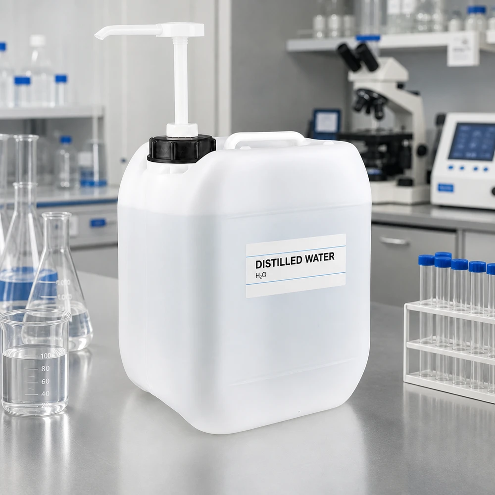 Bidon de laboratoire de 5 litres muni d'une pompe, rempli d'eau distillée, posé sur un plan de travail en acier inoxydable
