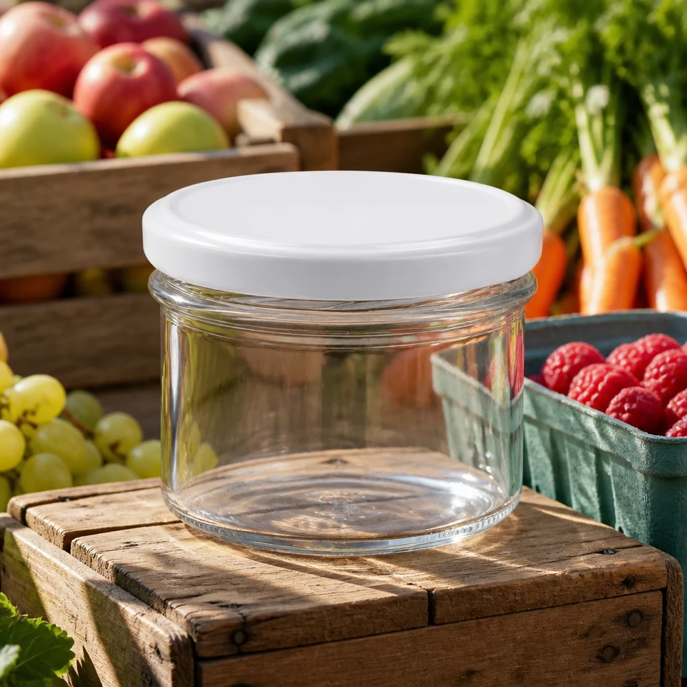 225ml Verre conique avec couvercle BasicSeal blanc UNiTWIST Pot de 225ml vide avec couvercle blanc sur caisse en bois entre des fruits et légumes frais du marché