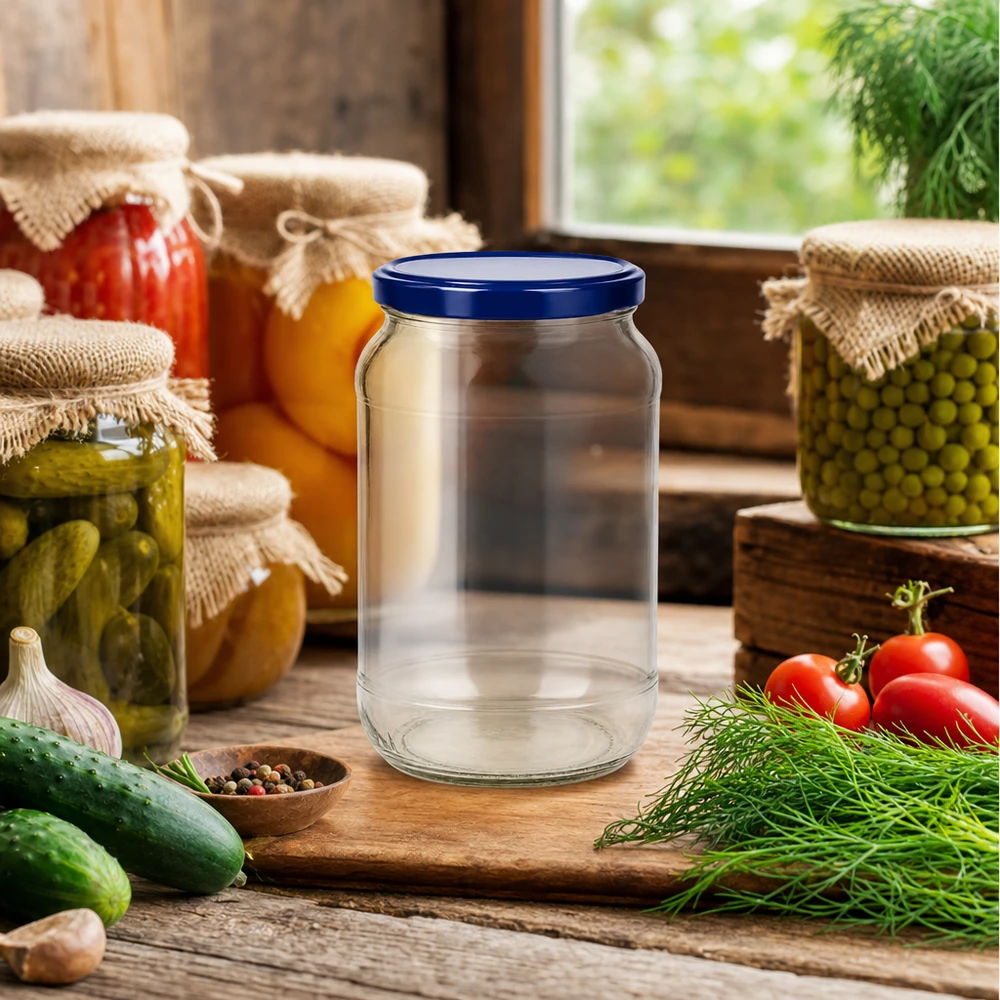 1062ml Verre rond avec couvercle BasicSeal bleu UNiTWIST 1062ml Bocal rond BasicSeal couvercle bleu UNiTWIST vide entre les bocaux Légumes scène de cuisine Bocal de conservation