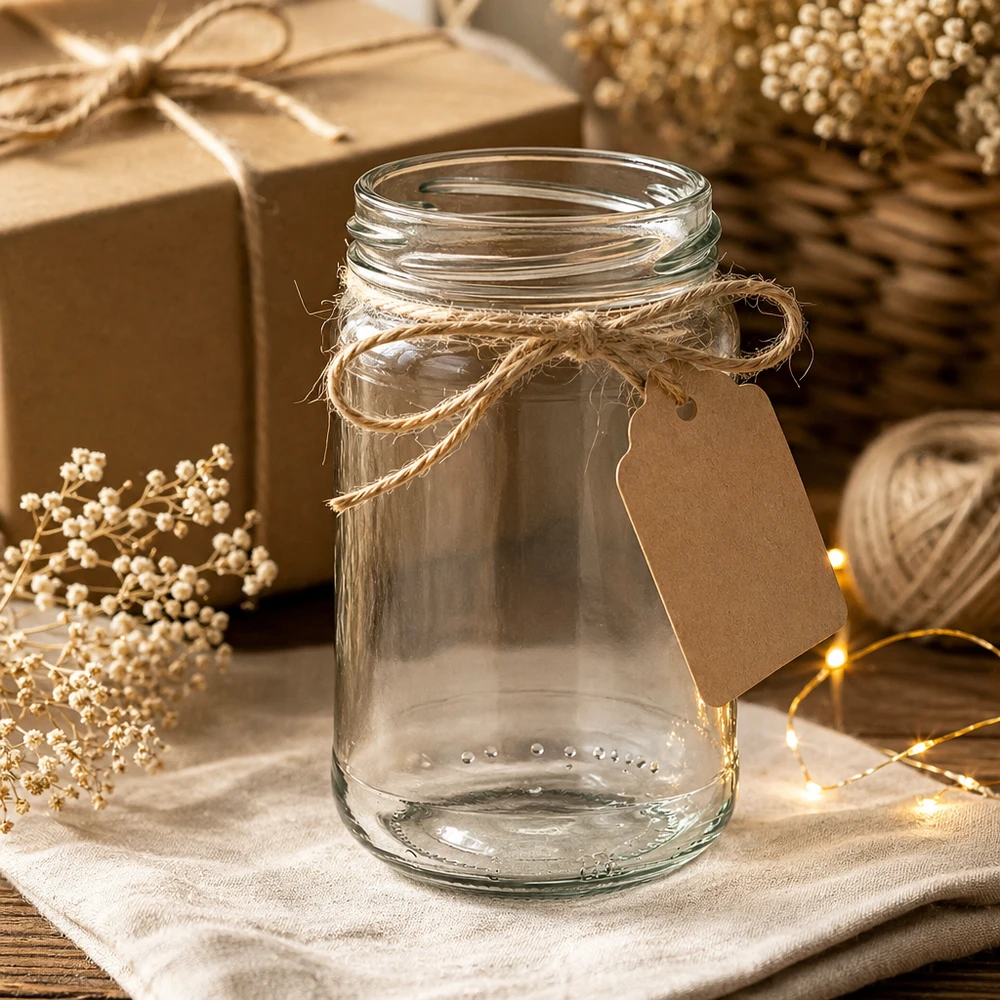 305ml Verre rond sans couvercle (TO63) UNiTWIST UNiTWIST Runda305 Pot rond 305ml TO63 Pot de conservation décoré avec une corde de jute et un pendentif sur une table en bois rustique