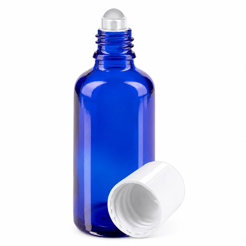 Flacon de pharmacie bleu 50ml Roll-On bouchon blanc Flacon roll-on bleu de 50 ml en verre de pharmacie, muni d'un bouchon blanc et d'un applicateur à bille
