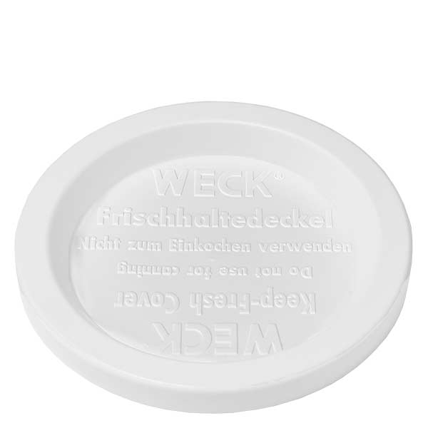 WECK Couvercle fraîcheur RR80 blanc pour verre cylindrique de 1040ml Détail du dessous avec marquage du produit et logo