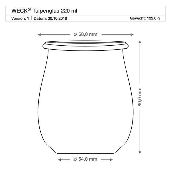 Mini bocal tulipe WECK 220 ml complet avec cuillère à miel et nud Dessin technique WECK pot tulipe 220ml avec dimensions 68mm de diamètre, 80mm de hauteur et 122g de poids