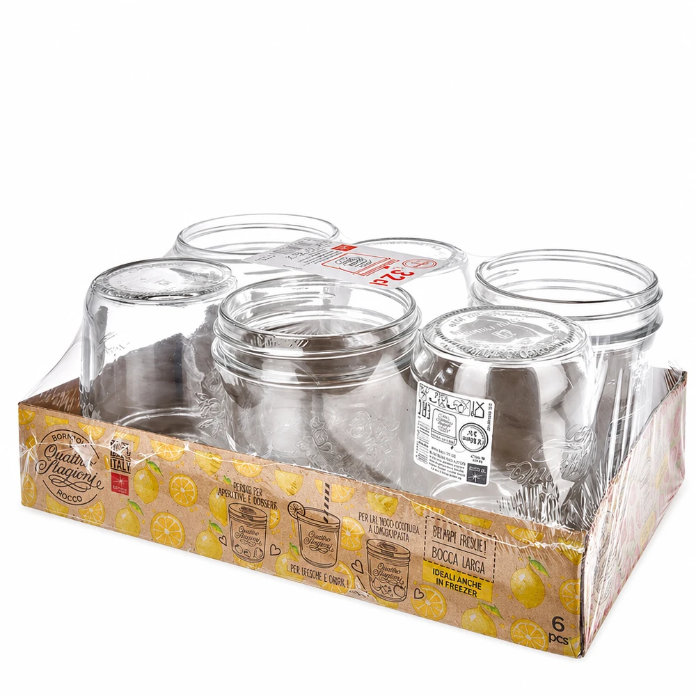Verre renversé de 320 ml « Quattro Stagioni » avec couvercle Set de 6 verres à pied de 320ml Quattro Stagioni en vente avec couvercles Bormioli Rocco Set de bocaux