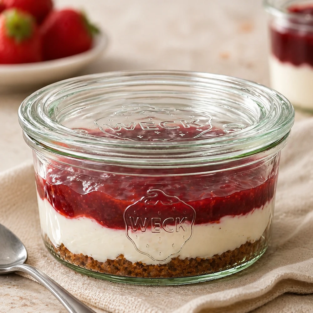 165ml bocal conique avec bouchon en verre WECK RR80 WECK Verre renversé 165ml RR80 rempli de dessert stratifié montre la polyvalence pour les desserts et le portionnement