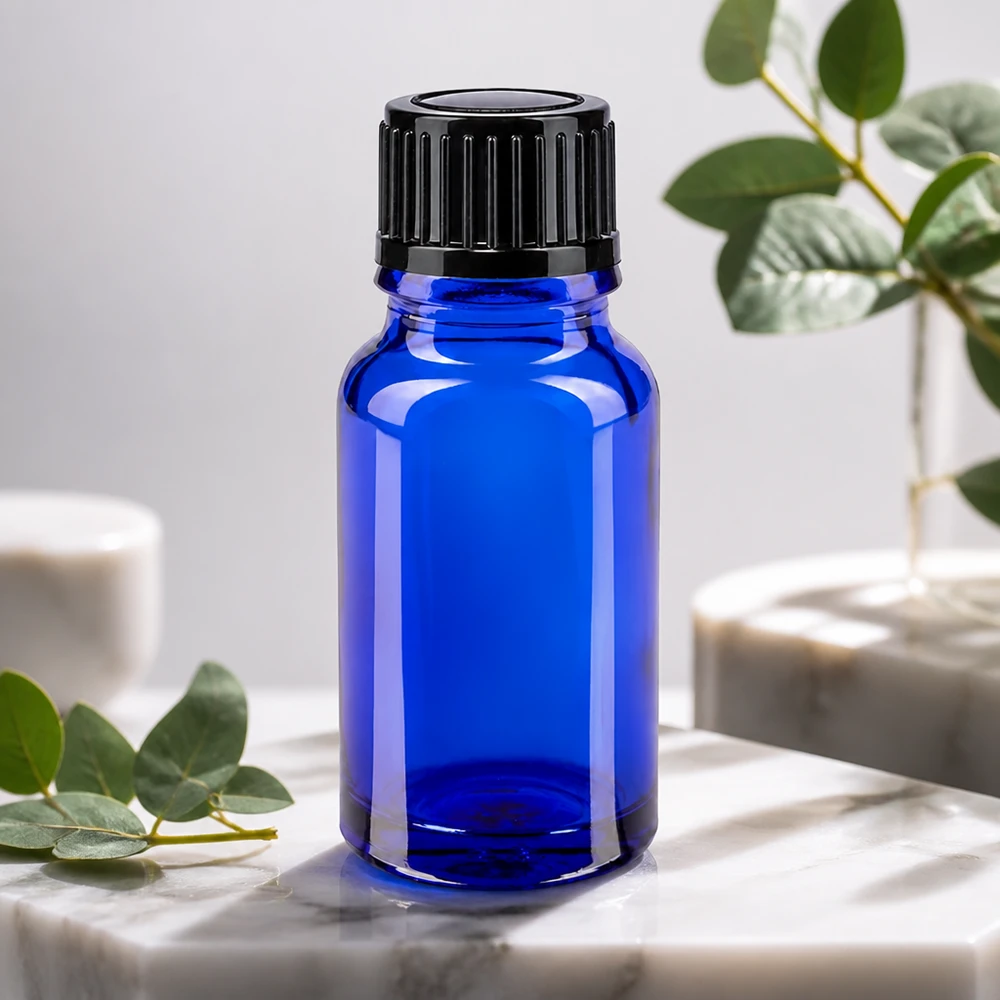 Flacon de pharmacie de 10 ml, bleu cobalt, en verre de haute qualité, avec bouchon standard noir de 11 mm