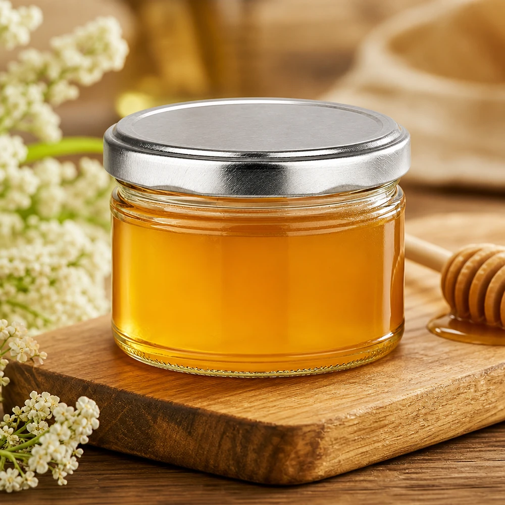 Pot de conserve 540ml rempli de miel sur planche en bois, couvercle argenté mat, décoré de fleurs et d'une cuillère à miel
