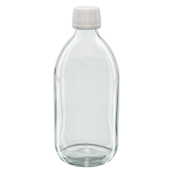 Flacon médical 500 ml couleur claire avec bouchon blanche avec insert en PTFE Flacon médical 500 ml couleur claire avec bouchon blanche avec insert en PTFE