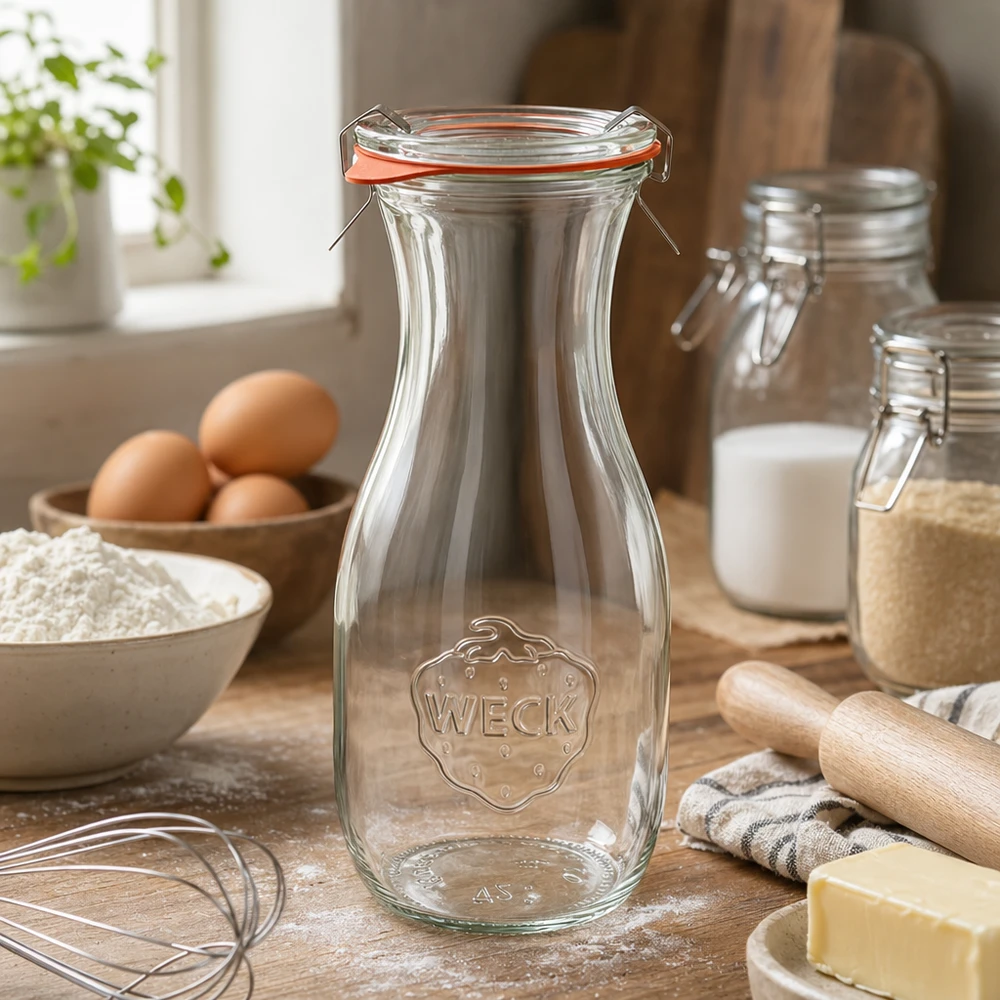 WECK Bouteille de jus 530ml RR60 dans un environnement de cuisine avec des ingrédients de cuisson œufs farine et beurre sur un plan de travail en bois